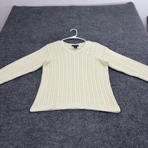Farm Neck Splendor Sweater Womens S Cream Cotton Cable Knit V Neck Preppy Golf